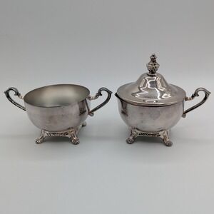 WM Rogers Silverplate Footed Sugar Bowl with Lid and Creamer Set Vintage Silver